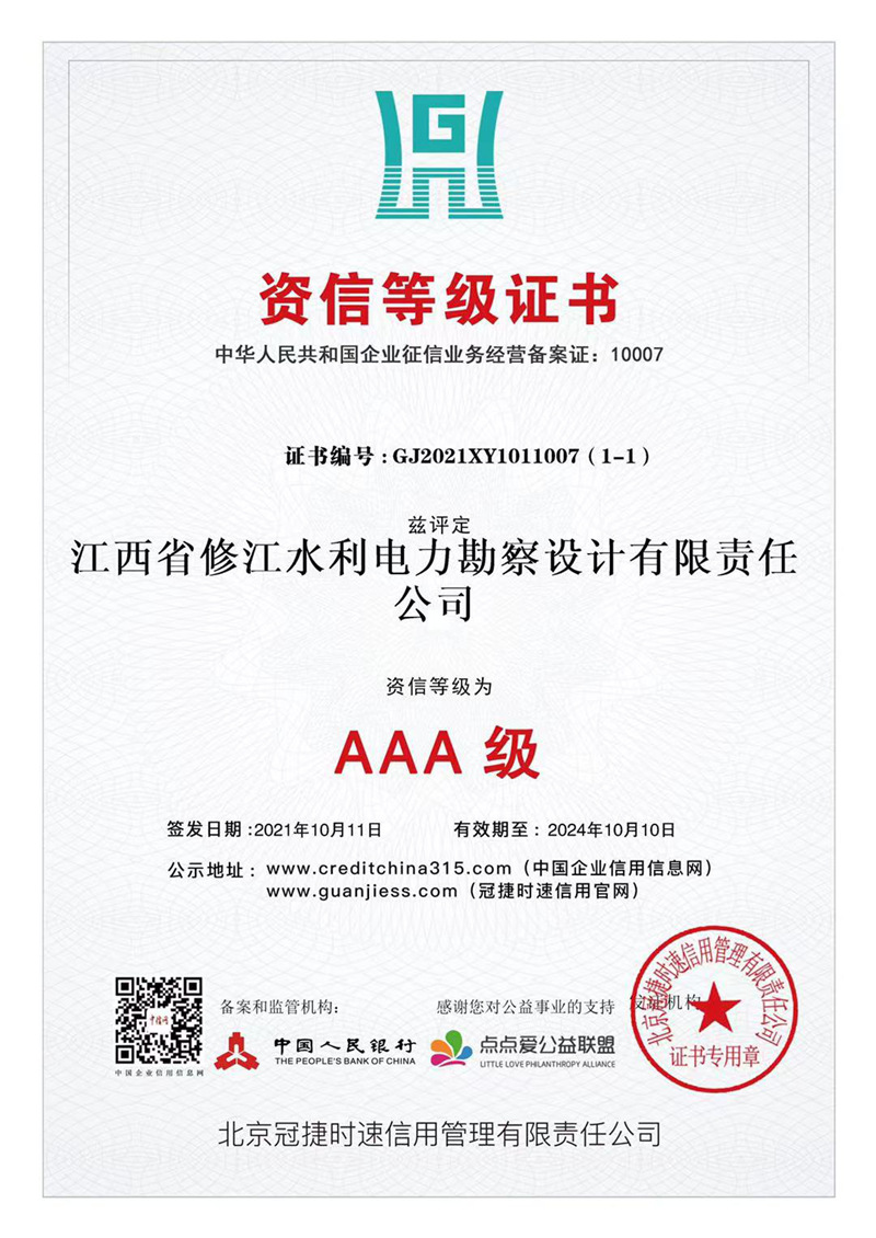 AAA級資信等級證書